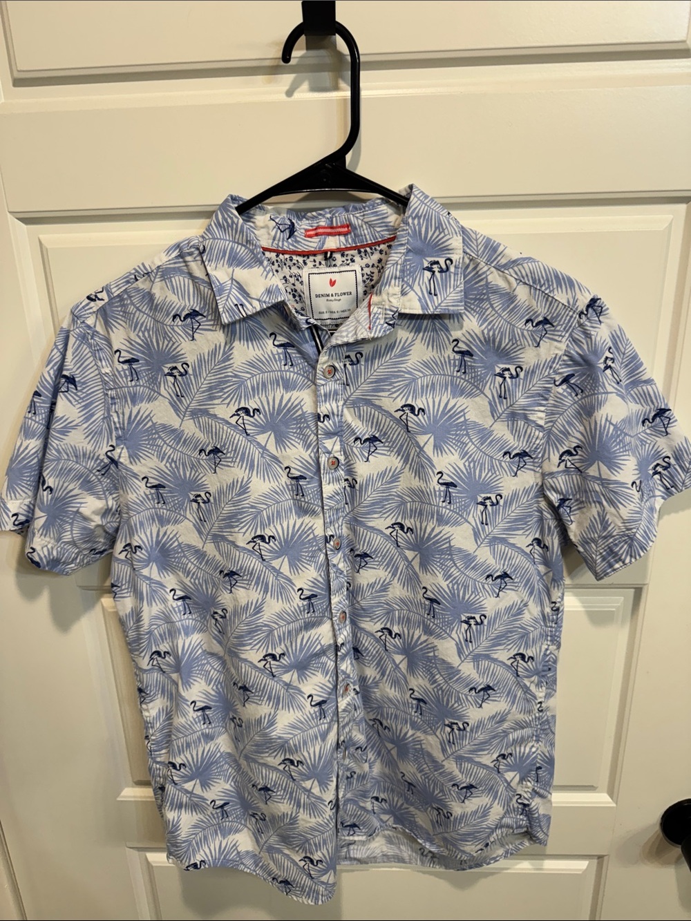 Denim & Flower Light Blue & Navy Palm & Flamingo Short-Sleeve Button-Up Shirt